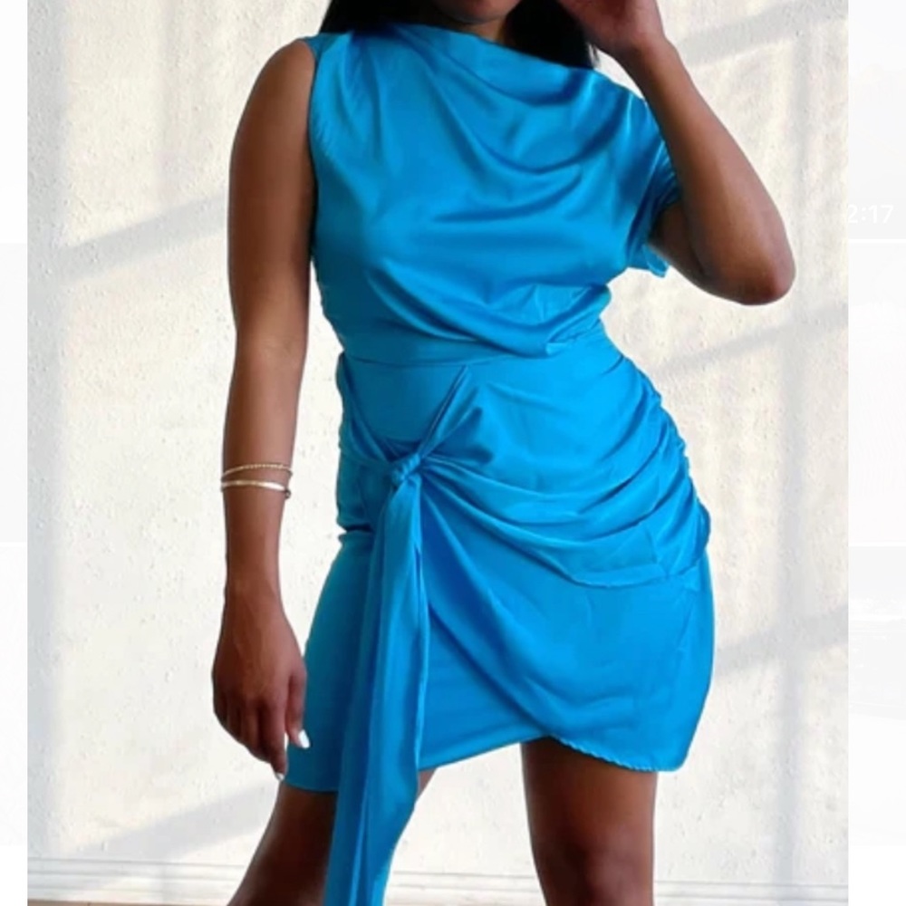 Blue off the shoulder tie dress